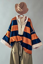 Oversized Half Zip Bold Stripe Statement Pullover Sweatshirt: BROWN NAVY / S/M-3:M/L-3