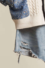 Cardigan with Sequins Happy Face Denim Sleeve: Off White-Denim