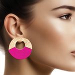 Studs Medium Gold Fuchsia Wood Circle Earrings: Fuschia / Gold / 1.5 x 1.85 inches