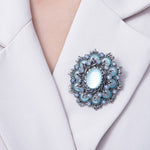 Vintage Antique Silver Flower Brooch Aqua Blue Turquoise Crystal Pin