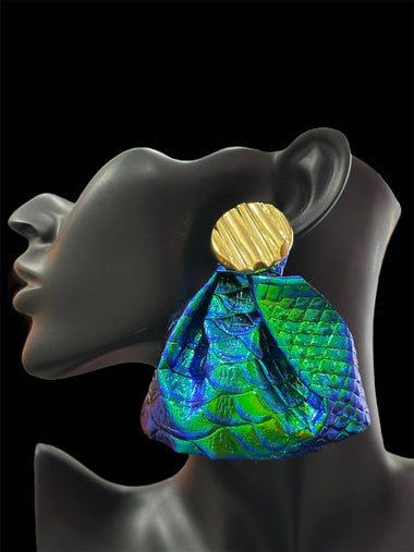 Trendy Statement Blue Green Gold Ruffle Bold Earrings