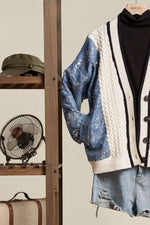Cardigan with Sequins Happy Face Denim Sleeve: Off White-Denim