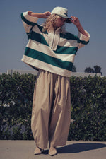 Oversized Half Zip Bold Stripe Statement Pullover Sweatshirt: BROWN NAVY / S/M-3:M/L-3