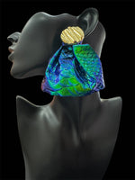 Trendy Statement Blue Green Gold Ruffle Bold Earrings