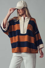 Oversized Half Zip Bold Stripe Statement Pullover Sweatshirt: BROWN NAVY / S/M-3:M/L-3