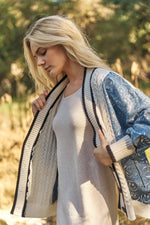 Cardigan with Sequins Happy Face Denim Sleeve: Off White-Denim