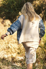 Cardigan with Sequins Happy Face Denim Sleeve: Off White-Denim