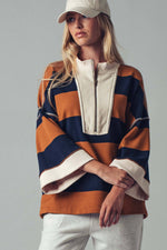 Oversized Half Zip Bold Stripe Statement Pullover Sweatshirt: BROWN NAVY / S/M-3:M/L-3