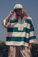 Oversized Half Zip Bold Stripe Statement Pullover Sweatshirt: BROWN NAVY / S/M-3:M/L-3