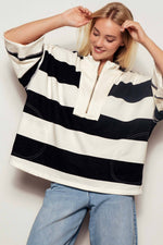 Oversized Half Zip Bold Stripe Statement Pullover Sweatshirt: BROWN NAVY / S/M-3:M/L-3
