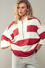 Oversized Half Zip Bold Stripe Statement Pullover Sweatshirt: BROWN NAVY / S/M-3:M/L-3