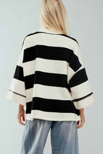 Oversized Half Zip Bold Stripe Statement Pullover Sweatshirt: BROWN NAVY / S/M-3:M/L-3