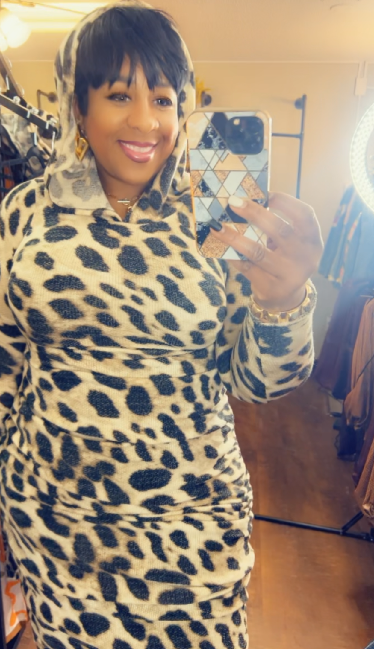 Cheetah Print Long Sleeve Hooded Dress