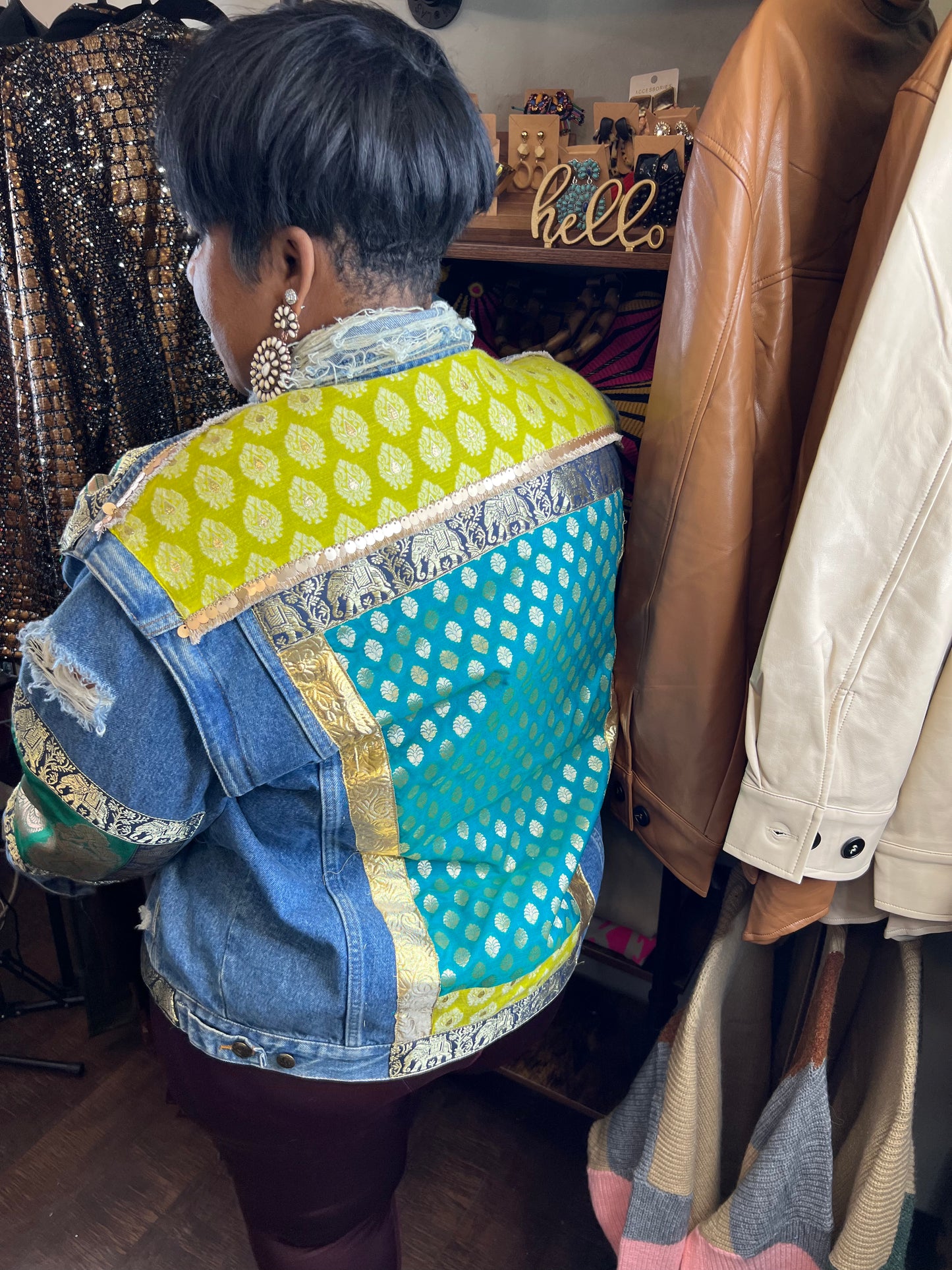 Denim Jacket Custom Green Yellow Patterns.    Sold Out